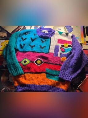 Vintage inspired Colorblock Geometric Crewneck Sweater - Multicolor